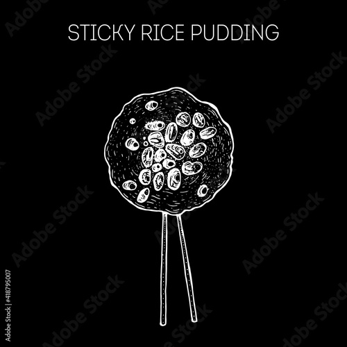 Sticky rice pudding. Hong kong street food. Vintage hand drawn sketch. Chinese food. Vector illustration.