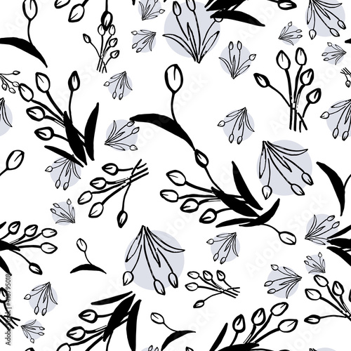 Black and white ink tulips sketches seamless vector pattern. Surface print design for fabrics, stationery, scrapbook paper, gift wrap, textiles, backgrounds, home decor, wan packaging.