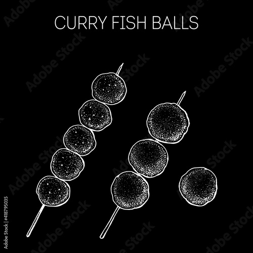 Curry Fish Balls. Hong kong street food. Vintage hand drawn sketch. Chinese food. Vector illustration.