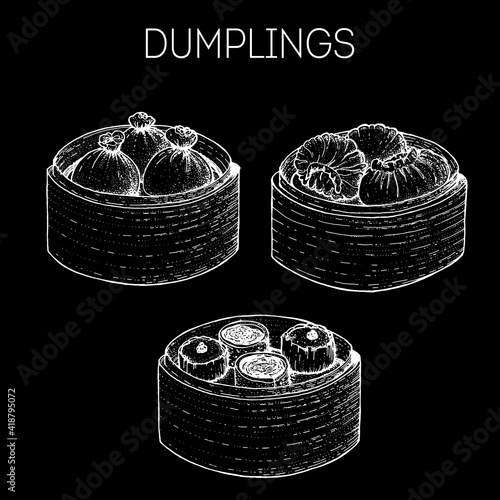 Dumplings in bamboo steamer. Asian food. Vintage hand drawn sketch. Chinese, Japanese , Thai food. Vector illustration.