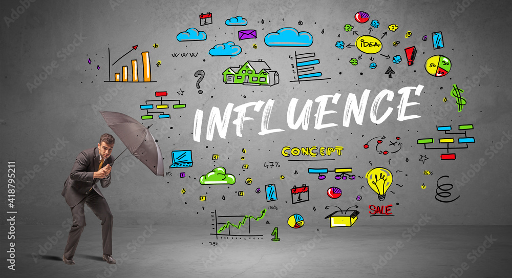 Determined businessman hiding behind umbrella with INFLUENCE inscription, new business concept Determined businessman hiding behind umbrella with INFLUENCE inscription, new business concept