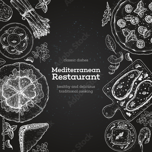 Mediterranean food. Top view frame. A set of mediterranean dishes . Food menu design template. Vintage hand drawn sketch vector illustration