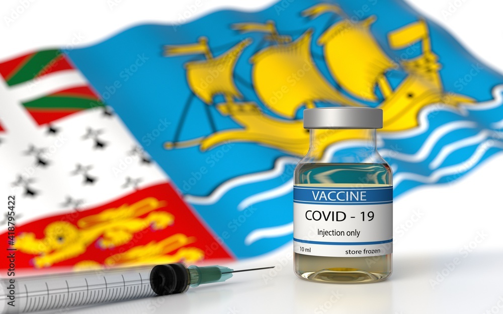 COVID 19 Vaccine approved and launched in Saint Pierre and. Corona Virus SARS CoV 2, 2021 nCoV vaccine delivery. Saint Pierre and Miquelon flag on background and vaccine bottle. 3D illustration COVID 19 Vaccine approved and launched in Saint Pierre and. Corona Virus SARS CoV 2, 2021 nCoV vaccine delivery. Saint Pierre and Miquelon flag on background and vaccine bottle. 3D illustration