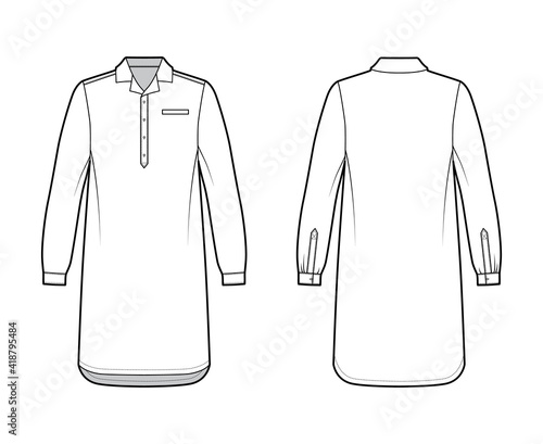 Nightshirt dress Sleepwear Pajama technical fashion illustration with knee length, classic henley collar, cuff long sleeves. Flat apparel front back, white color style. Women, men unisex CAD mockup