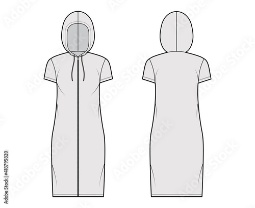 Zip-up Hoody dress technical fashion illustration with short sleeves, knee length, oversized body, Pencil fullness. Flat apparel template front, back, grey color style. Women, men, unisex CAD mockup