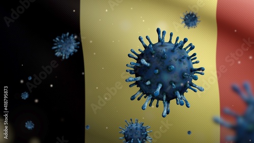 3D illustration coronavirus over Belgian flag. Belgium pandemic Covid19. Europe