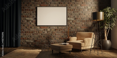Living Room interior with velvet armchair and lamp and book. 3D rendering