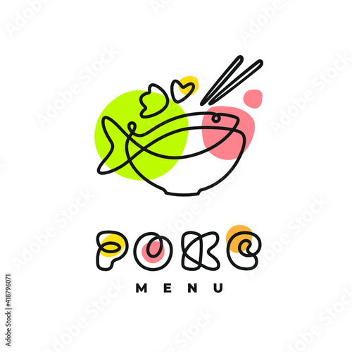 Poke Bowl Hawaiian Cuisine Artisanal Sign. Plate with Fish Healthy Food Restaurant Line Vector Illustration 