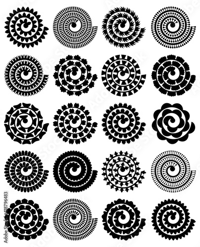 Rolled paper flower. Vector set. 3d paper cut template. Isolated on white background. For wedding design, birthday card, Mother's  Day, Easter. Flowers black silhouettes for plotter cutting.
