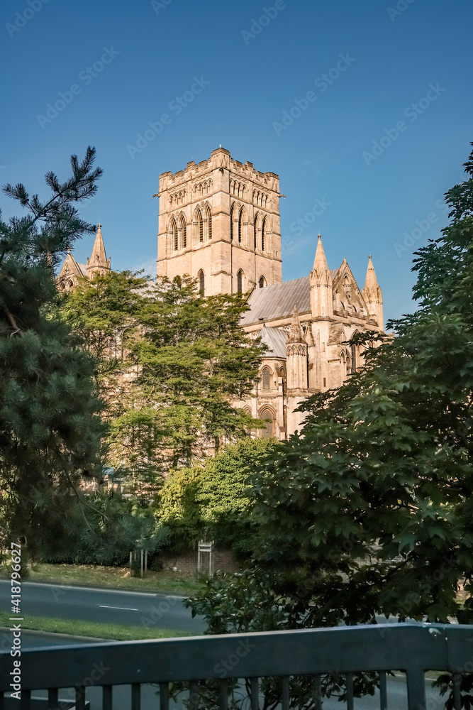 Fototapeta premium The Roman Catholic Cathedral in Norwich captured from the overpass on a bright and sunny day