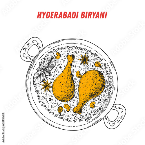 Hyderabadi Biryani sketch, Indian food. Hand drawn vector illustration. Sketch style. Top view. Vintage vector illustration.