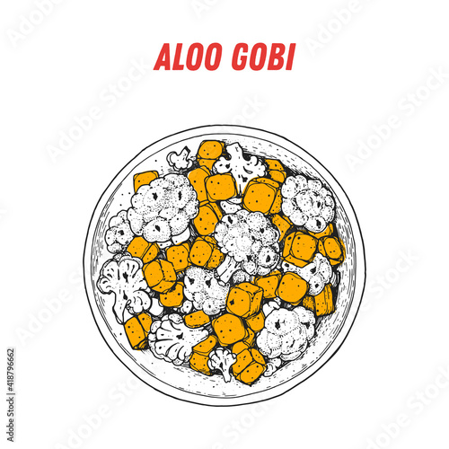 Aloo gobi sketch, Indian food. Hand drawn vector illustration. Sketch style. Top view. Vintage vector illustration.