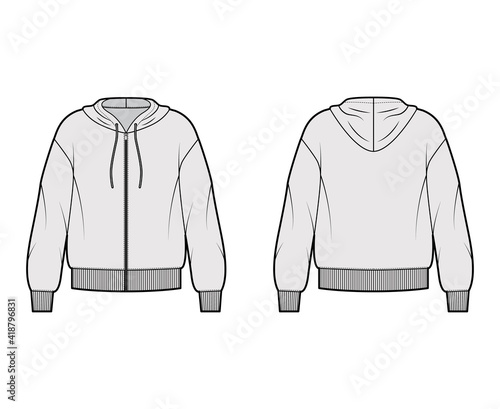 Zip-up Hoody sweatshirt technical fashion illustration with long sleeves, oversized body, knit rib cuff, banded hem. Flat large apparel template front, back, grey color. Women, men, unisex CAD mockup