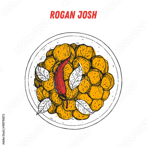Rogan josh sketch, Indian food. Hand drawn vector illustration. Sketch style. Top view. Vintage vector illustration.