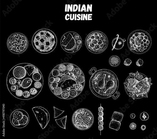 Indian food illustration. Hand drawn sketch. Indian cuisine. Doodle collection. Vector illustration. Menu background. Engraved style.