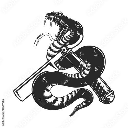 Illustration of snake on barber razor. Design element for poster, card, banner, sign. Vector illustration