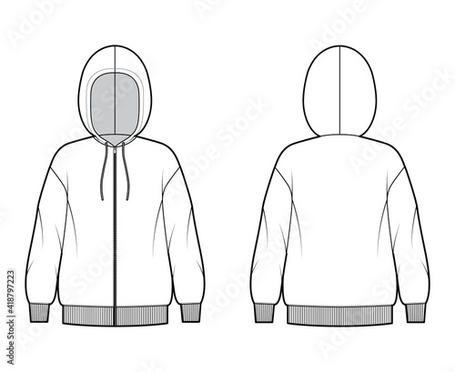 Zip-up Hoody sweatshirt technical fashion illustration with long sleeves, oversized body, knit rib cuff, banded hem. Flat extra large template front, back, white color. Women, men, unisex CAD mockup