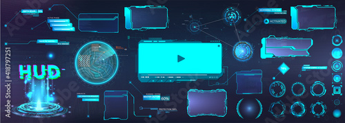 Sci-fi HUD UI elements for business Mobile App. Futuristic User Interface UI, UX, HUD. Virtual graphic touch Head Up Display. Digital box - Frame screens, Circle, Holograms, Callouts titles. Vector