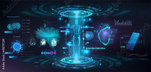 Sci-fi medical HUD UI elements for healthcare App. Virtual graphic touch user interface. 3D body, hologram, mri body, heart, brain and other organs. Futuristic user interface HUD, GUI, UI. Vector set