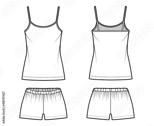 Camisole Pajama short Sleepwear technical fashion illustration with scoop neck cami, mini length, oversized, low elastic waist. Flat apparel front back, white color style. Women, men unisex CAD mockup