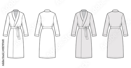 Bathrobe Dressing gown technical fashion illustration with wrap opening, knee length, oversized, tie, long sleeves. Flat garment apparel front back, white, grey color style. Women, men unisex mockup