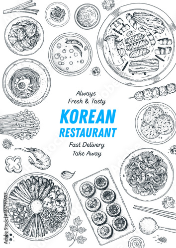 Korean food top view illustration. Hand drawn sketch. Bibimbap, kimchi, kimbap, noodles, skewers. Korean street food, take away menu design. Vector illustration.