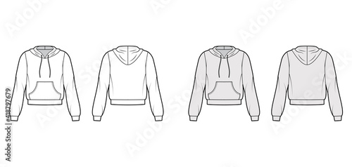 Hoody sweatshirt technical fashion illustration with long sleeves, relax body, kangaroo pouch, banded hem, drawstring. Flat apparel template front, back, white, grey color. Women, men, unisex mockup