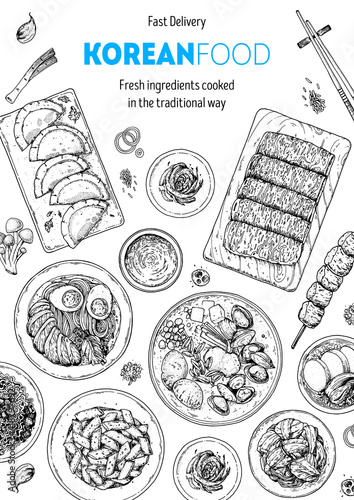 Korean food top view illustration. Hand drawn sketch. Ramen, kimchi, noodles, skewers, tteokbokki. Korean street food, take away menu design. Vector illustration. Black and white. Engraved style.