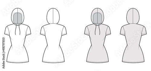 Hoody dress technical fashion illustration with short sleeves, mini length, fitted body, Pencil fullness. Flat sweater apparel template front, back, white, grey color. Women, men, unisex CAD mockup