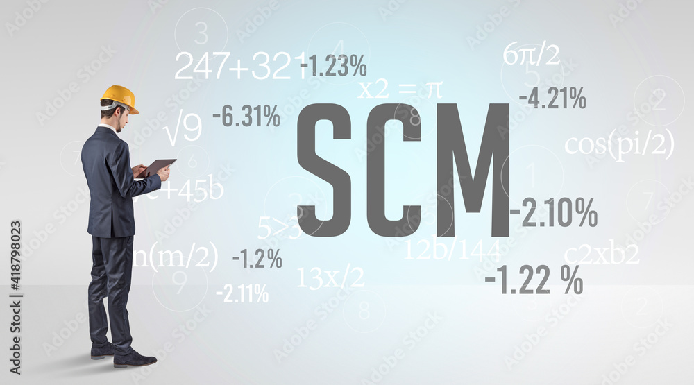 Technology Engineer in hard hat with SCM abbreviation Technology Engineer in hard hat with SCM abbreviation