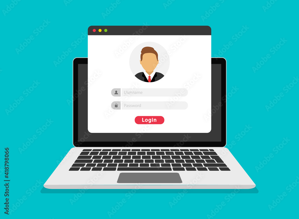 Login form on laptop screen. Login and password form page. Account login user. Sign in to account. Username and password fields for authorization. Flat design. Vector illustration. Login form on laptop screen. Login and password form page. Account login user. Sign in to account. Username and password fields for authorization. Flat design. Vector illustration.