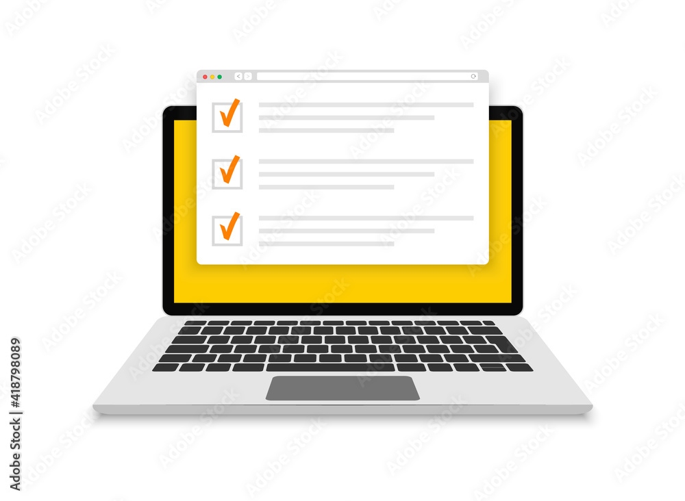 Online exam, checklist and online testing on laptop screen. Online surveys form on the computer screen. Flat design. Vector illustration. - obrazy, fototapety, plakaty 