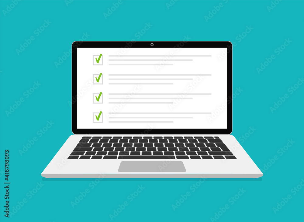 Online exam, checklist and online testing on laptop screen. Online surveys form on the computer screen. Flat design. Vector illustration. Online exam, checklist and online testing on laptop screen. Online surveys form on the computer screen. Flat design. Vector illustration.