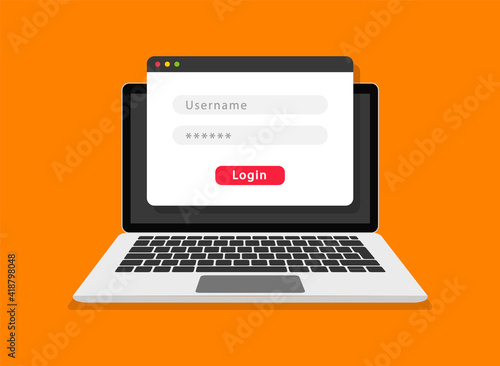 Login form on laptop screen. Login and password form page. Account login user. Sign in to account. Username and password fields for authorization. Flat design. Vector illustration.