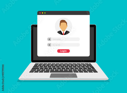 Login form on laptop screen. Login and password form page. Account login user. Sign in to account. Username and password fields for authorization. Flat design. Vector illustration.