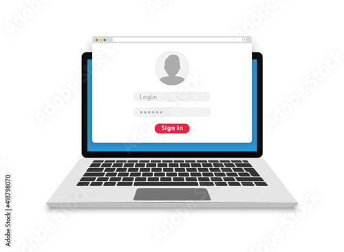 Login form on laptop screen. Login and password form page. Account login user. Sign in to account. Username and password fields for authorization. Flat design. Vector illustration.