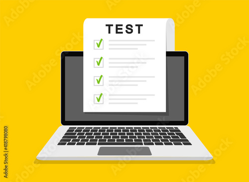 Online exam, checklist and online testing on laptop screen. Online surveys form on the computer screen. Flat design. Vector illustration.