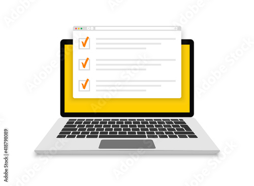 Online exam, checklist and online testing on laptop screen. Online surveys form on the computer screen. Flat design. Vector illustration.