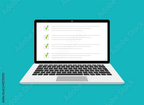 Online exam, checklist and online testing on laptop screen. Online surveys form on the computer screen. Flat design. Vector illustration.