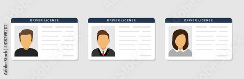 Driver license. ID cards. Personal info data. Identification document with person photo. User or profile card. Flat style. Vector illustration.