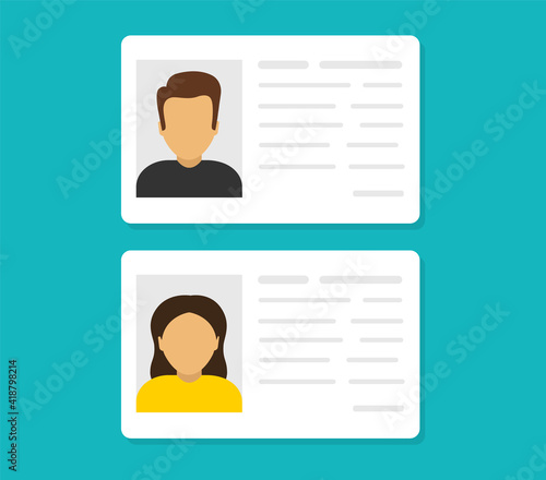 ID cards. Personal info data. Identification document with person photo. User or profile card. Driver's license. Flat style. Vector illustration.