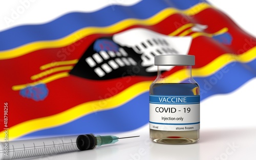 COVID 19 Vaccine approved and launched in Eswatini. Corona Virus SARS CoV 2, 2021 nCoV vaccine delivery. Eswatini flag on background and vaccine bottle. 3D illustration