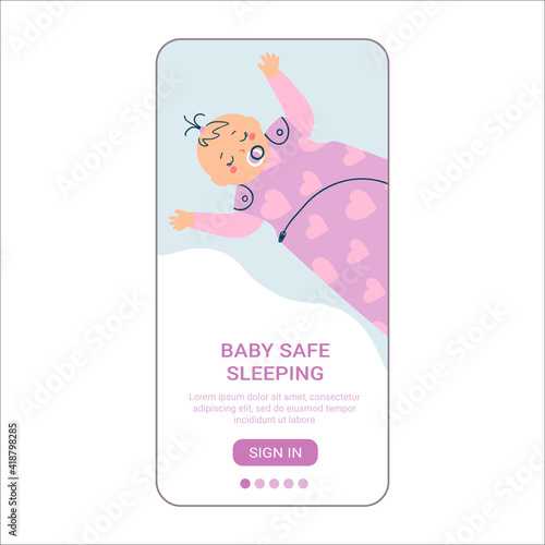 Baby girl sleeping with a nipple in a sleeping bag Mobile application page template. Vector flat hand drawn character illustration.