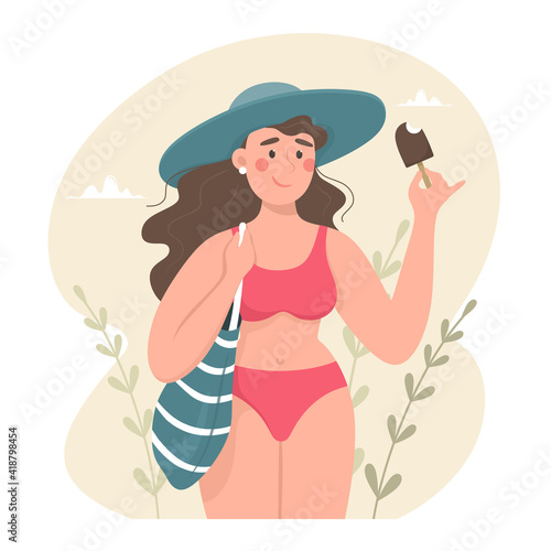 Cute girl with beach bag in swimsuit and hat eating ice cream, summer and bathing season. Vector illustration in cartoon style.