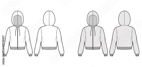 Zip-up Hoody sweatshirt technical fashion illustration with long sleeves, relax body, knit rib cuff, banded hem. Flat apparel template front, back, white, grey color. Women, men, unisex CAD mockup
