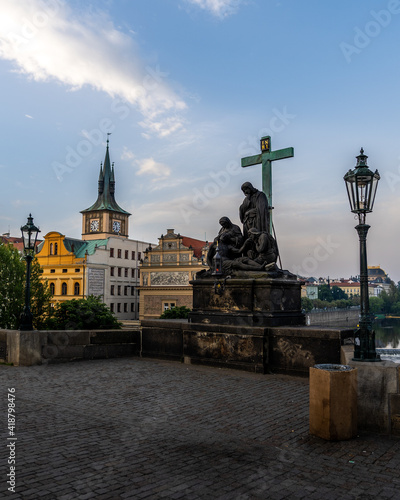 A view of the architecture of Charles Bridge and the surrounding buildings in the Czech city of Prague