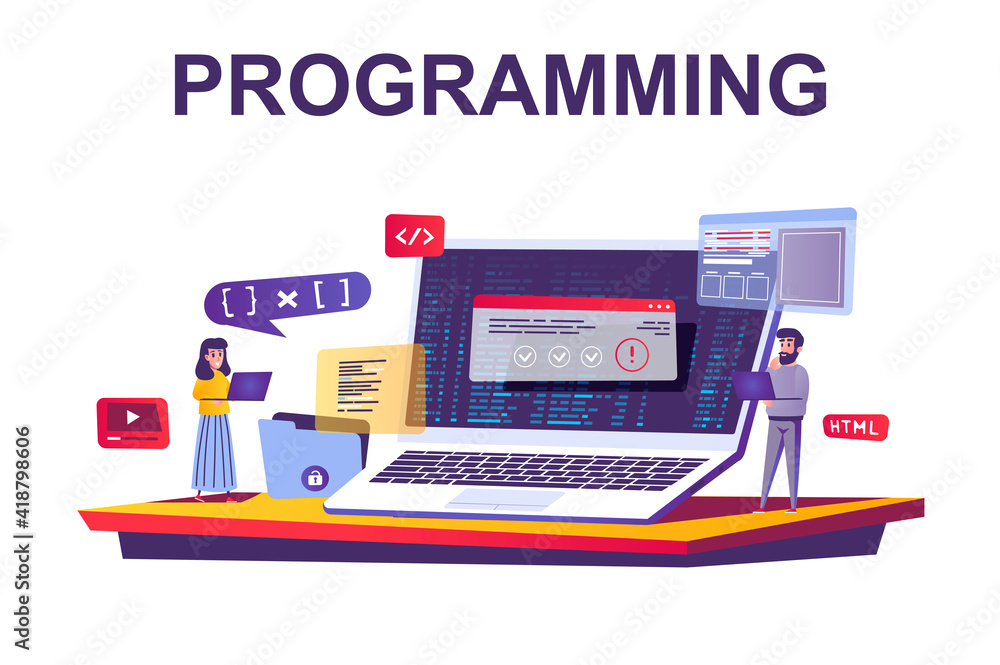Programming and coding web concept in flat style. People making program ...