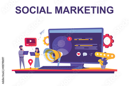 Social marketing web concept in flat style. People promoting business on social networks, attract new buyers, clients communication scene. Vector illustration of cartoon characters for website design