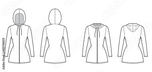 Set of Zip-up Hoody dresses technical fashion illustration with long sleeves, mini length, fitted body, Pencil fullness. Flat apparel template front, back, white color. Women, men, unisex CAD mockup
