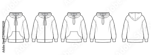 Set of Zip-up Hoody sweatshirt technical fashion illustration with long sleeves, oversized body, kangaroo pouch, banded hem. Flat extra large template front, back, white color. Women, men CAD mockup